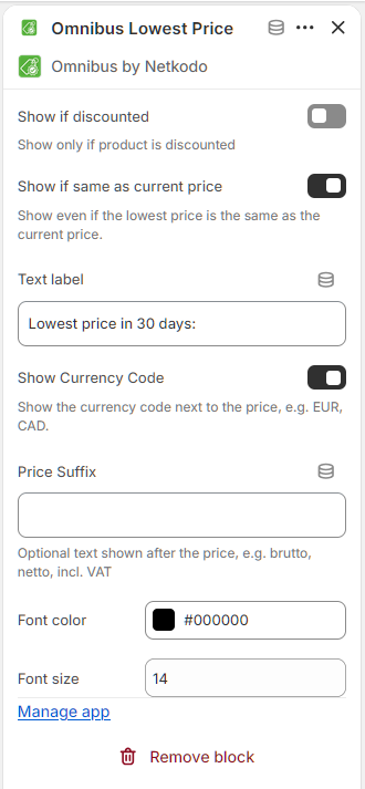 Omnibus block settings in the Shopify theme editor.