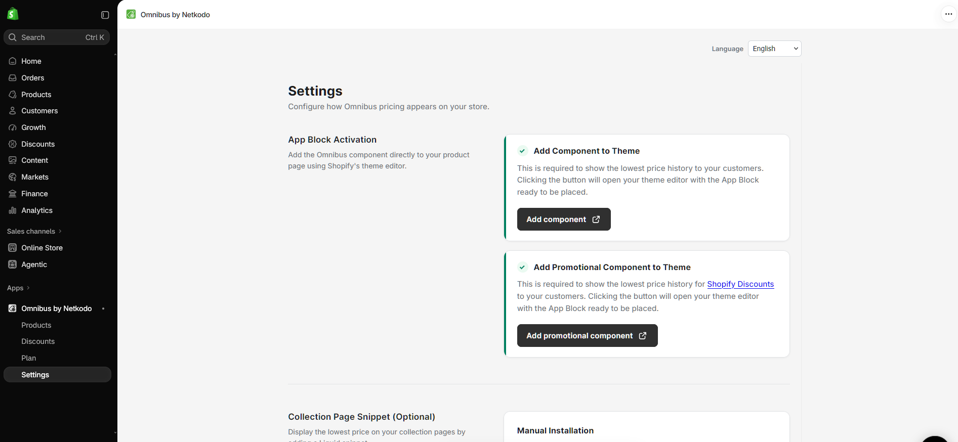Omnibus Price History app blocks in the Shopify theme editor.