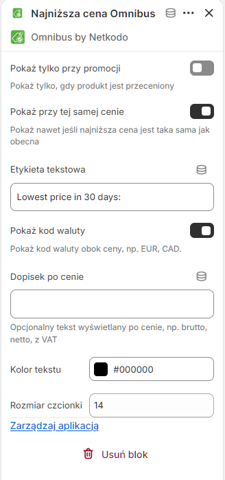 Omnibus block settings in the Shopify theme editor.