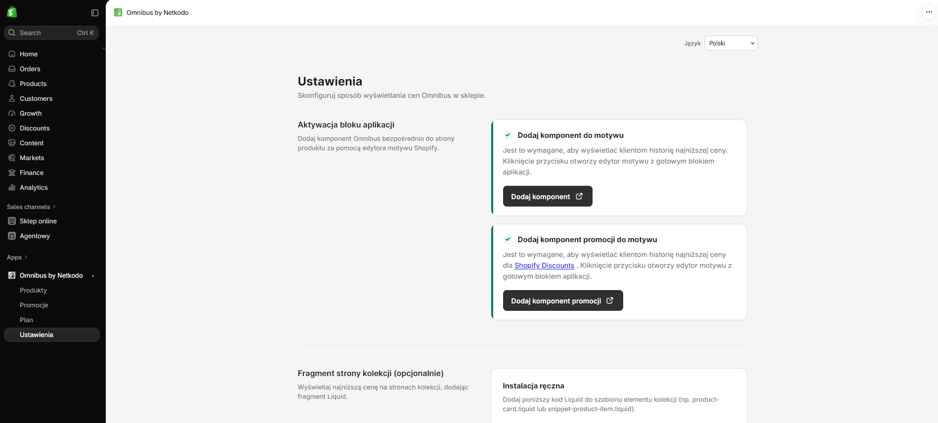 Omnibus Price History app blocks in the Shopify theme editor.